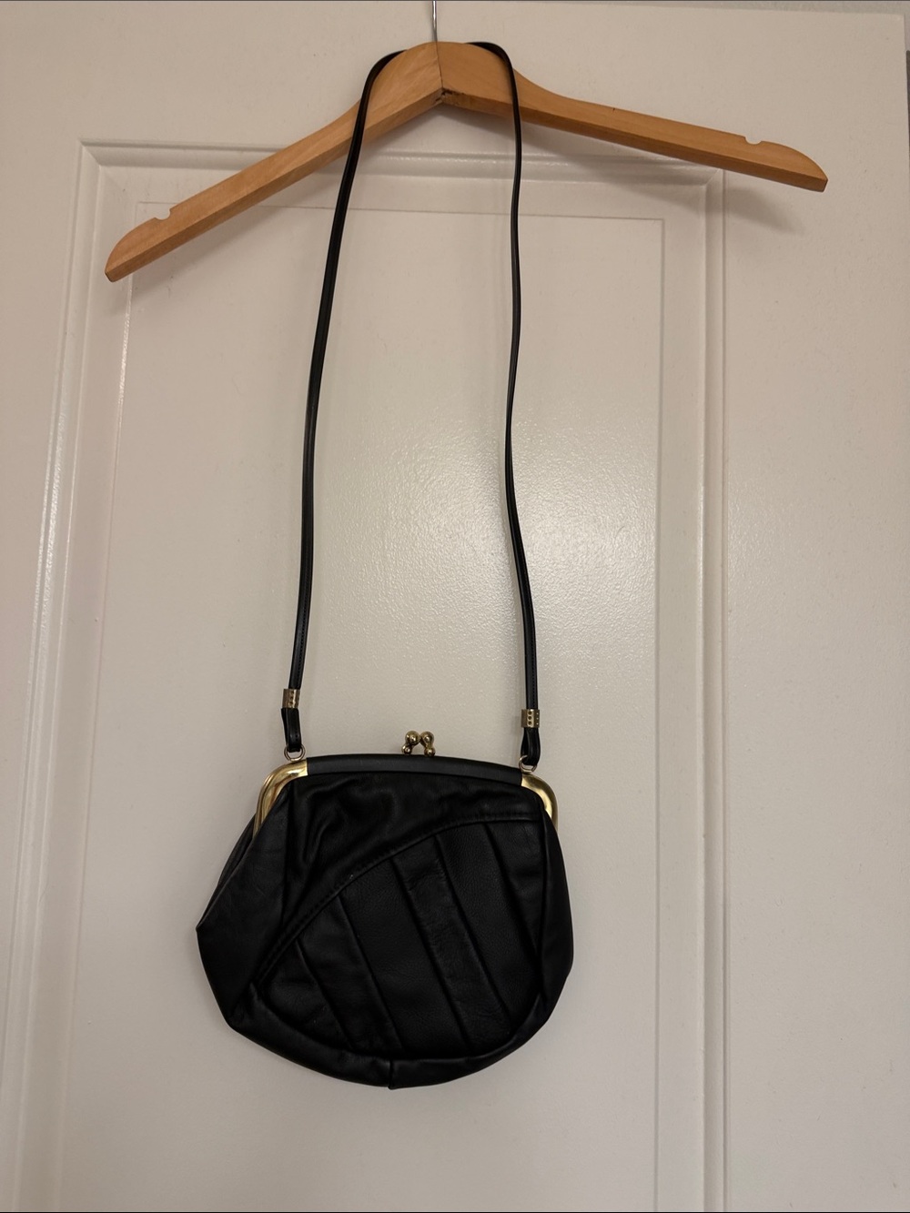Black Pebbled Crossbody Bag with Gold Tone Frame